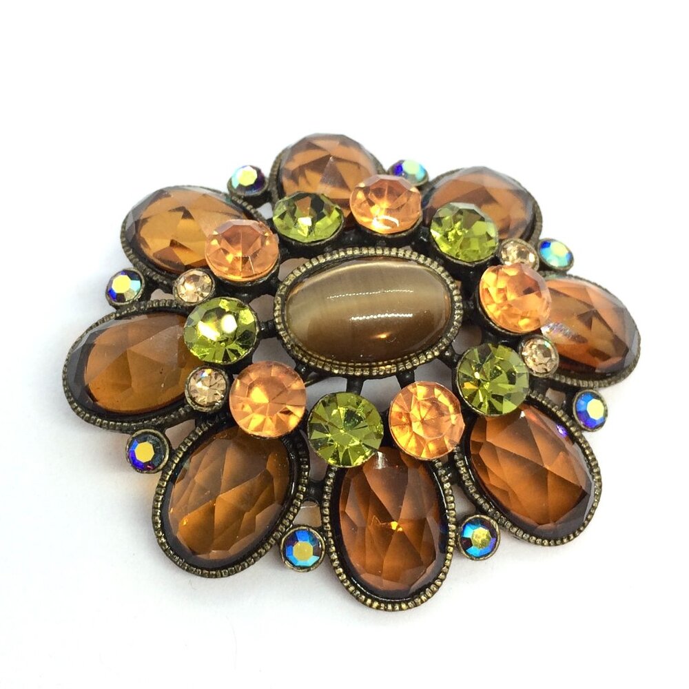 VINTAGE RHINESTONE BROOCH Amber Green Topaz Colored Stones AB Floral Pin Retro